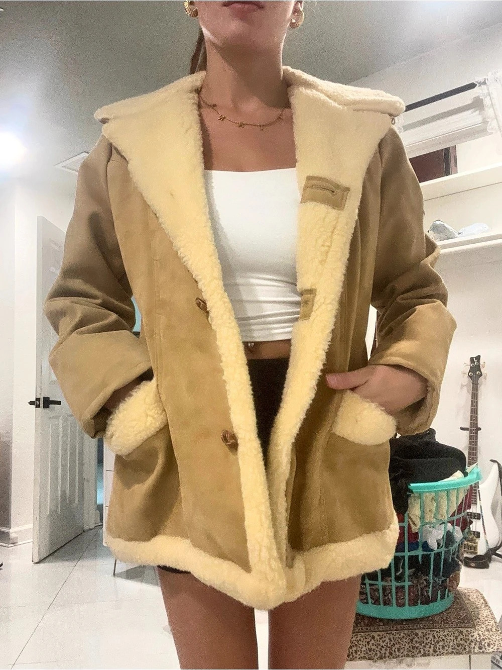 Cowboy Ranch Shearling Trim Jacket in Brown & Cream Like New, 1970s vibe